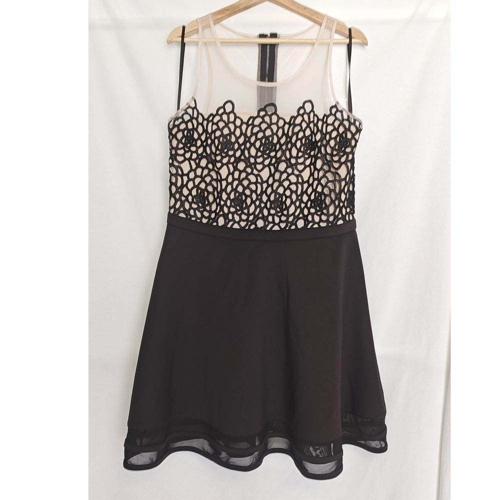 Bebe Dress Black Lace Illusion Mesh Hem XL Embroidered Fit and Flare Sheer Y2K